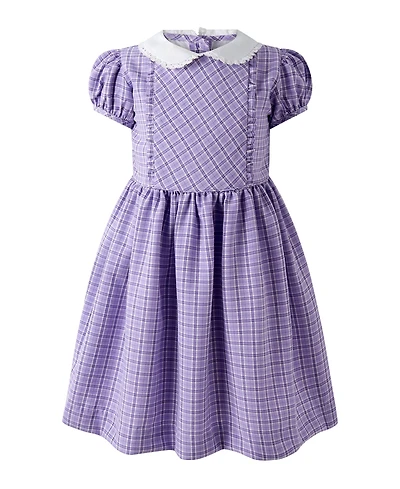 Rachel Riley Toddler Girls' 2T-5T Puff-Sleeve Peter Pan Collar Check Frill Front Dress