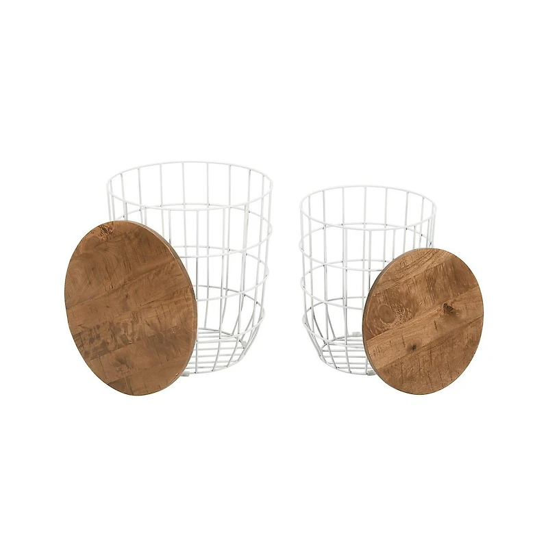 Jofran Global Archive Nested Storage Solid Wood and Metal Basket End Tables (Set of 2