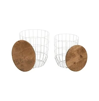 Jofran Global Archive Nested Storage Solid Wood and Metal Basket End Tables (Set of 2