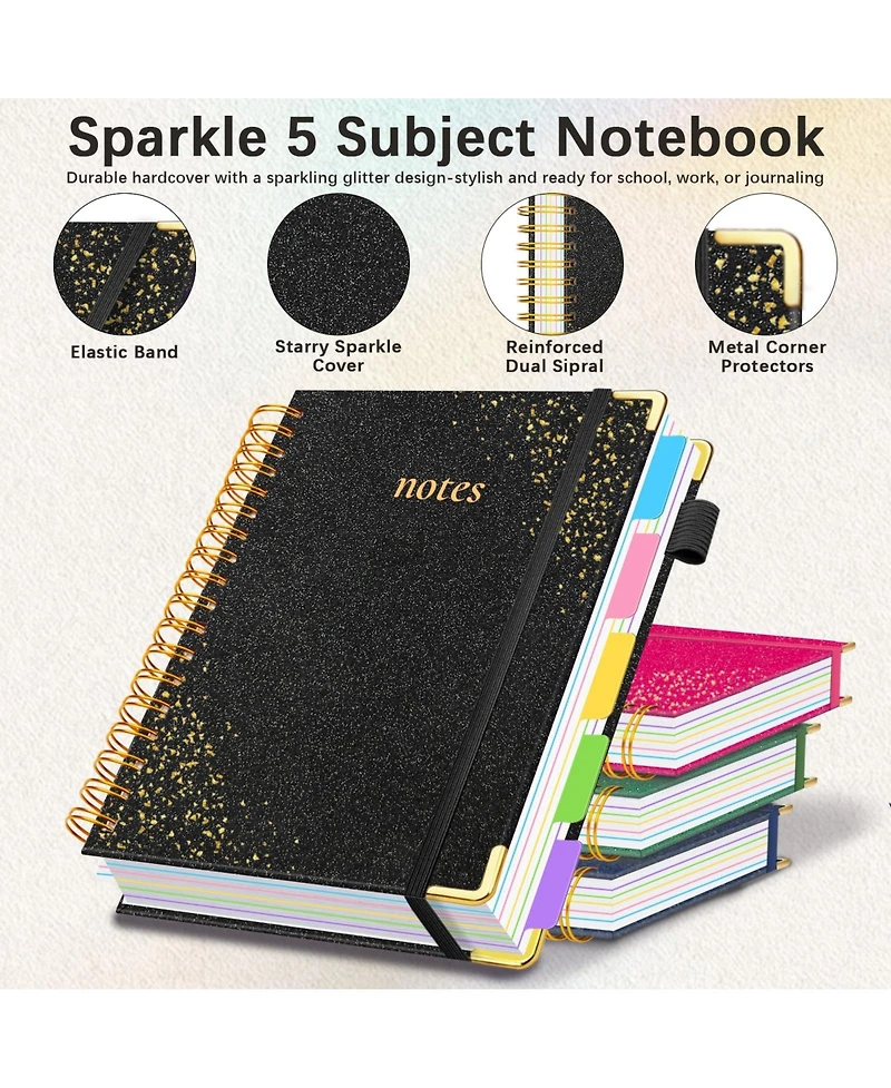 Danrong Hardcover Spiral Notebook 5 Subject Dividers Tabs College Ruled Journal With Pen Holder