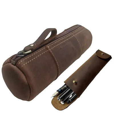Danrong Handmade Full Grain Buffalo Leather Pencil Case Set Spacious Stationery Storage