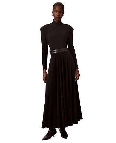 Calvin Klein Women's Belted Long-Sleeve Turtleneck A-Line Dress