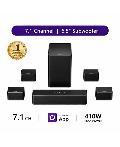 Ultimea 7.1ch Soundbar with Wireless Subwoofer, Surround Sound System for Tv, App Control, 410W Peak Power, 4 Wired Surround Speakers, Poseidon D70
