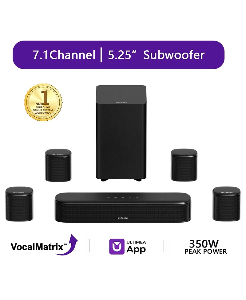 Ultimea Aura S4T 7.1ch Tv Soundbar with 4 Surround Speakers, Surround Sound System with Subwoofer, App Control, Bluetooth 6.0, Hdmi/Opt/Aux