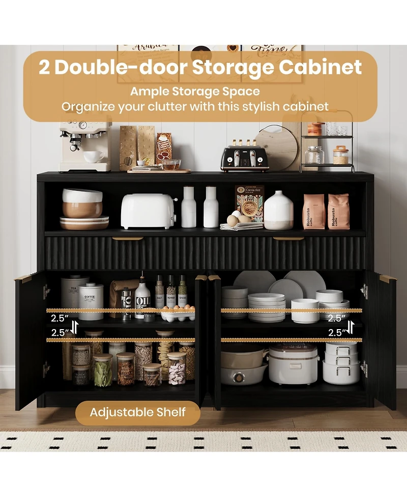 gaomon Fluted Buffet Sideboard Cabinet, Modern Wooden Storage Hutch with 2 Drawers, Adjustable Shelves, Coffee Bar Cabinet
