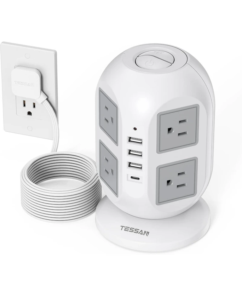 Tessan Tower Power Strip 8 Ac Outlets, 4 Usb Ports (Usb-c), 10-Foot Cord for North American Plugs