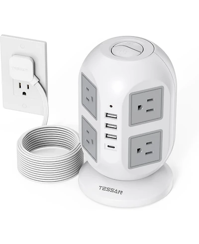Tessan Tower Power Strip 8 Ac Outlets, 4 Usb Ports (Usb-c), 10-Foot Cord for North American Plugs