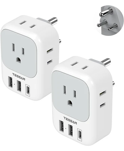 Tessan Type D India Travel Plug Adapter with 4 Outlets and 3 Usb Ports, 2-Pack