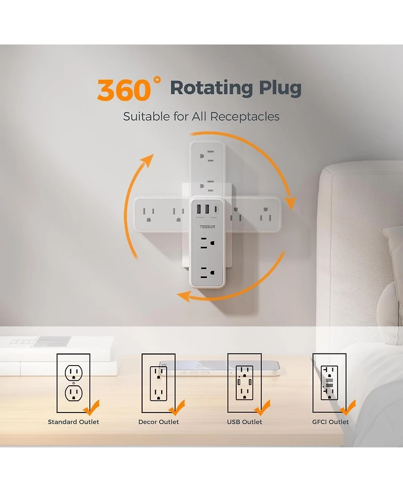 Tessan Rotating Outlet Splitter with 6 Ac Outlets and 3 Usb Ports