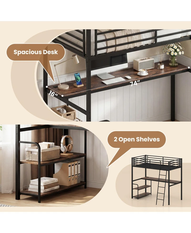 Sugift Twin Loft Bed with Desk Shelves and Charging Station for Kids and Adults