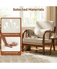 Sugift Modern Faux Leather Linen Fabric Upholstered Accent Armchair with Rubber Wood Frame