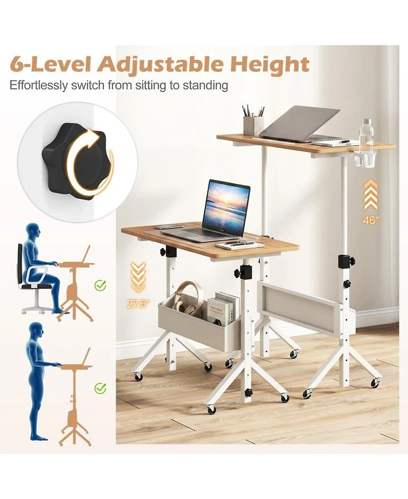 Sugift Mobile Standing Desk Height Adjustable Rolling Laptop Desk with Cup Holder Storage Basket