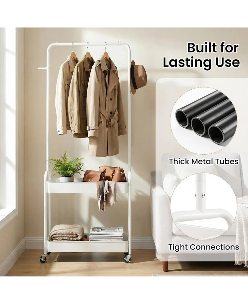 Sugift Heavy-Duty Laundry Cart with Hanging Rod 2 Storage Baskets and 2 Side Hooks for Bedroom