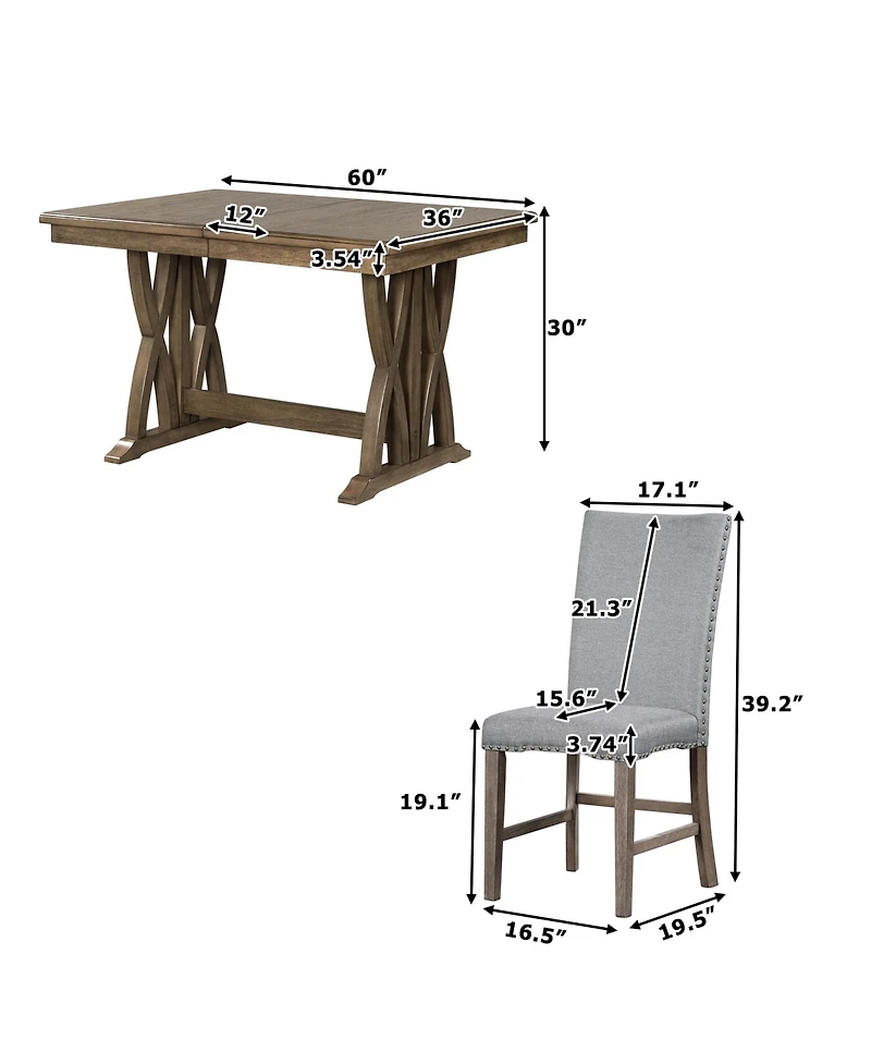 Boyel Living Mid-Century Solid Wood 7-Piece Dining Table Set Extendable Kitchen Table Set with Upholstered Chairs and 12" Leaf for 6