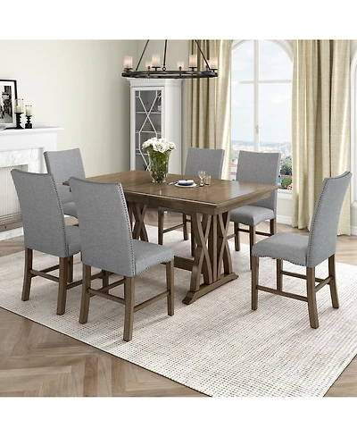 Boyel Living Mid-Century Solid Wood 7-Piece Dining Table Set Extendable Kitchen Table Set with Upholstered Chairs and 12" Leaf for 6