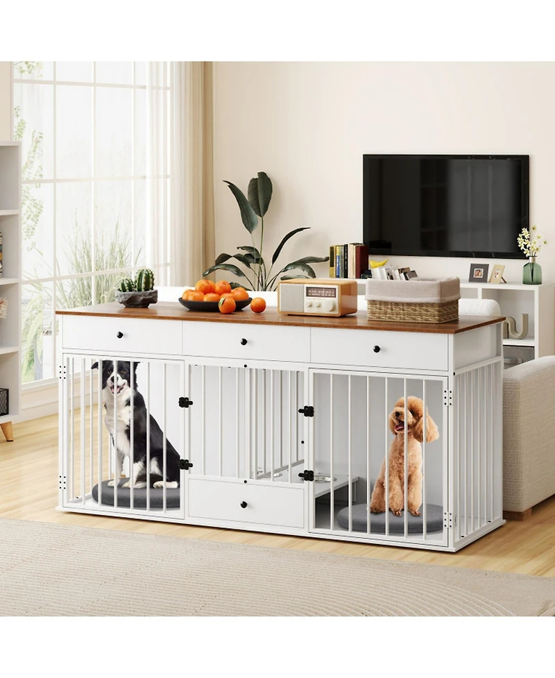 Hongge 71 in Double Dog Crate Tv Stand Featuring 3 Drawers