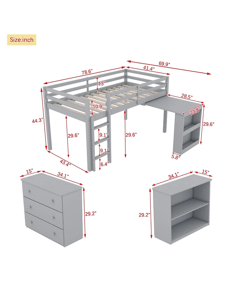 Sailvan Twin Loft Bed with Drawer Cabinet, Shelf Cabinet and Pulling Out Desk, Guardrail ,Ladder