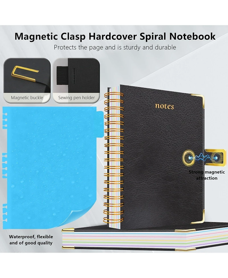 Danrong Hardcover Spiral Notebook College Ruled Leather Journal 5 Subject Dividers 300 Pages Magnetic Closure