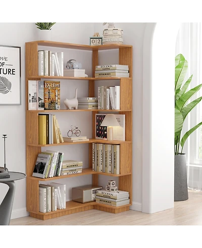 Flynama 35.43 Inch Extended L-Shape Corner Anti-Drop Open Storage Bookshelf