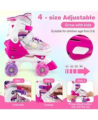 Hongge 4-Size Adjustable Kids Quad Roller Skates with Light-Up Wheels, Ages 5-8