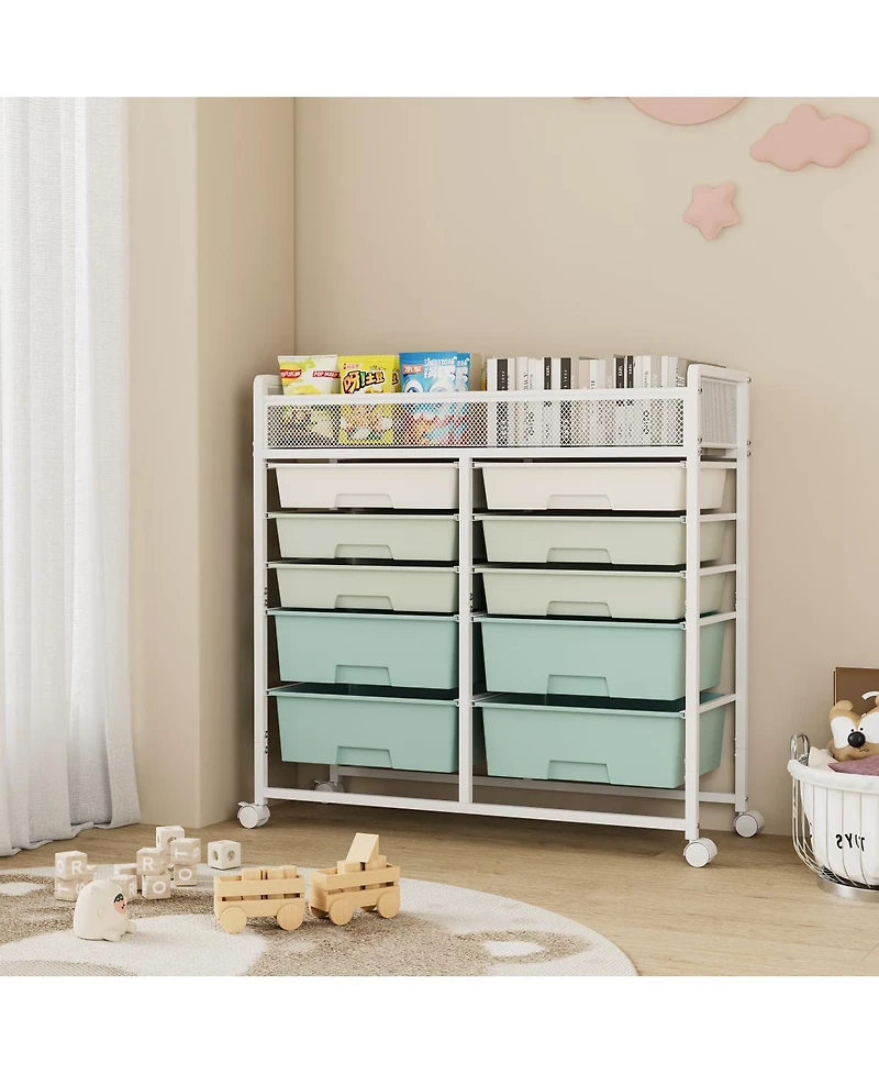 Streamdale Furniture 10-Drawer Rolling Storage Cart with Mesh Top