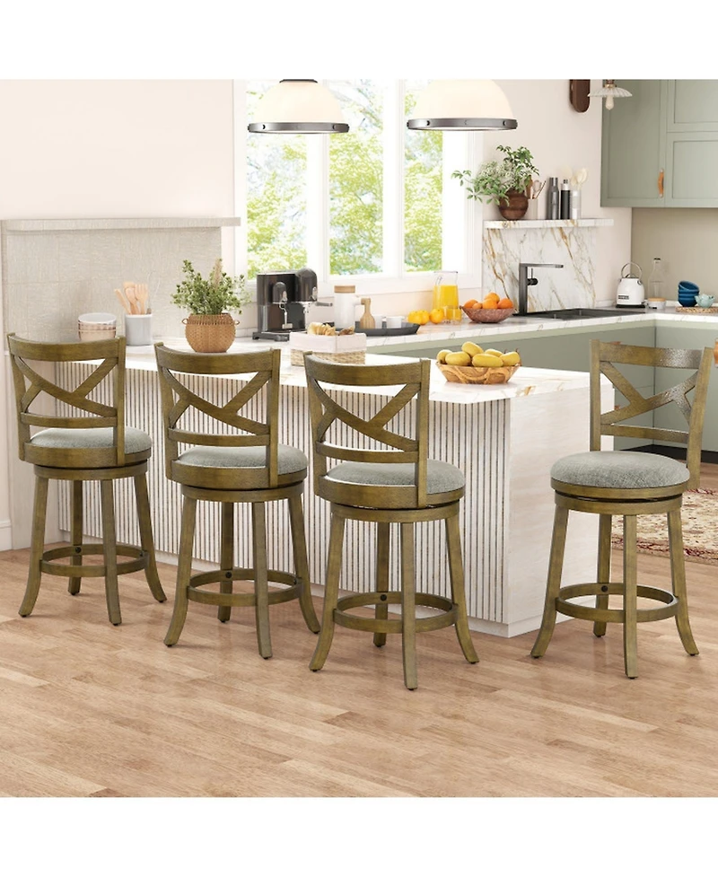 Gouun Rubber Wood Swivel Bar Stools Set of 2 with 25 Inch Linen Padded Seats