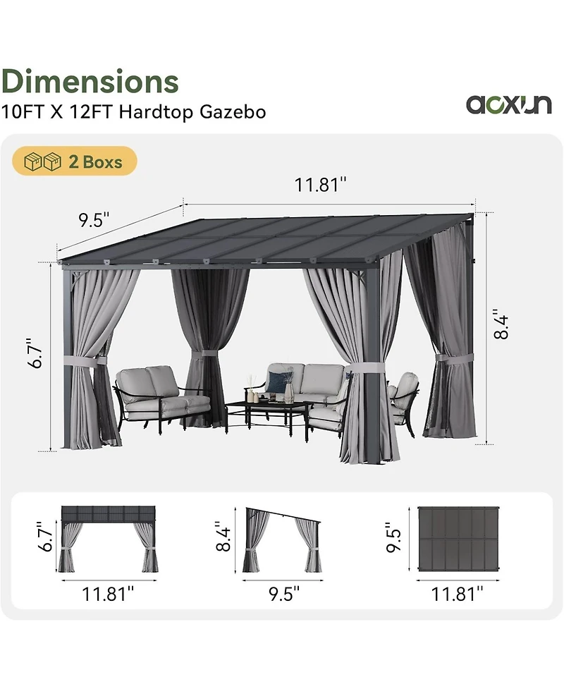 Aoxun 12'x10' Wall Mounted Lean to Gazebo, Aluminum Pergola with Polycarbonate Roof, Curtains and Mosquito Net