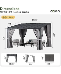 Aoxun 12'x10' Wall Mounted Lean to Gazebo, Aluminum Pergola with Polycarbonate Roof, Curtains and Mosquito Net