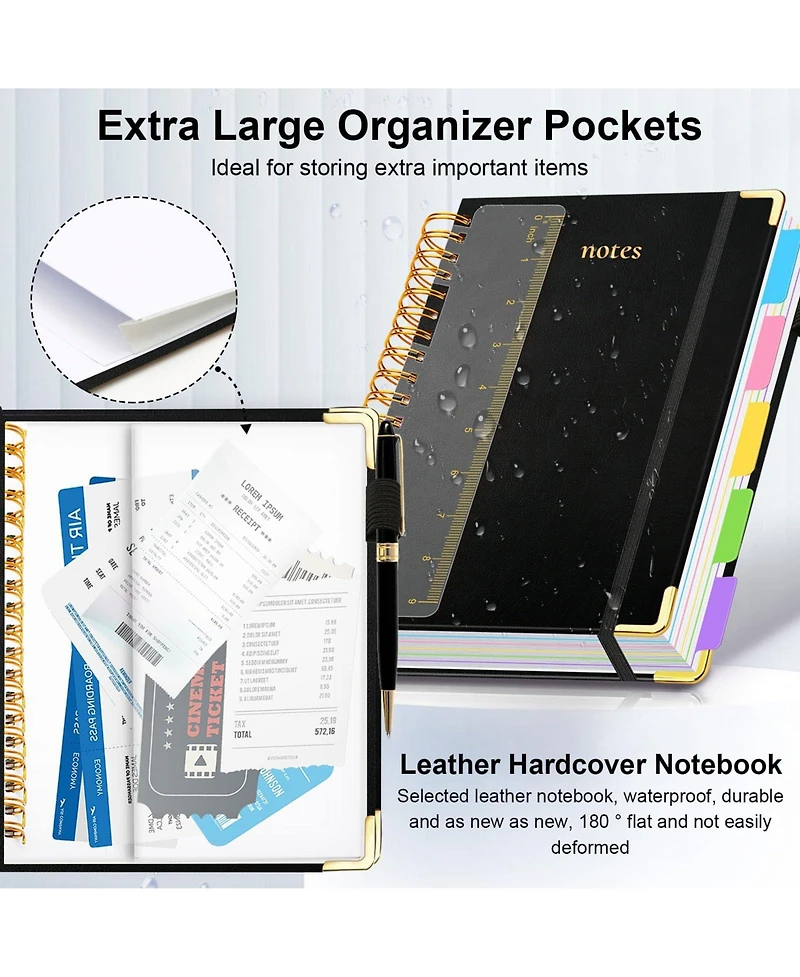 Danrong Hardcover Spiral Notebook 5 Subject College Ruled With Dividers Pen Loop