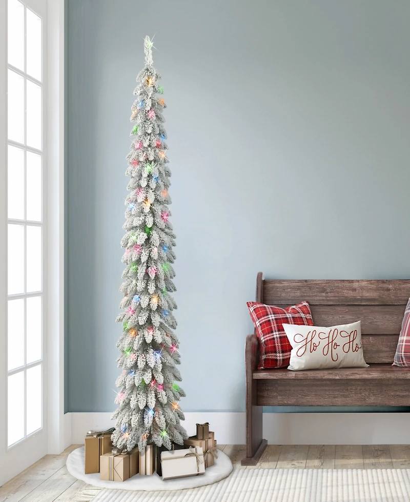 Puleo International 7' Pre-Lit Flocked Alpine Pencil Christmas Tree