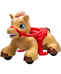 Glintex 12V Kids Electric Ride-On Horse with Sounds, Carrot Toy, Comb, Foot Pedal, Seat Storage, and Battery Power for Ages 1.5-3, Brown