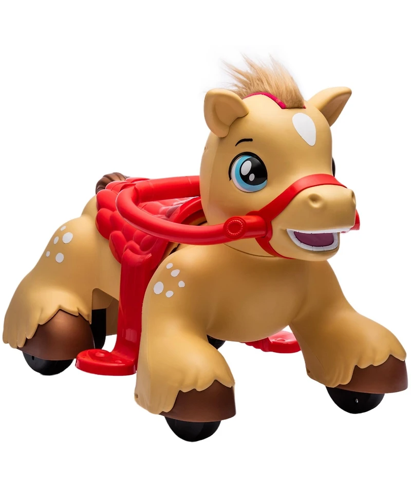 Glintex 12V Kids Electric Ride-On Horse with Sounds, Carrot Toy, Comb, Foot Pedal, Seat Storage, and Battery Power for Ages 1.5-3, Brown