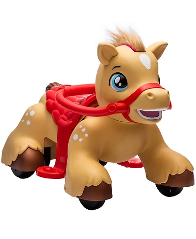 Glintex 12V Kids Electric Ride-On Horse with Sounds, Carrot Toy, Comb, Foot Pedal, Seat Storage, and Battery Power for Ages 1.5-3, Brown