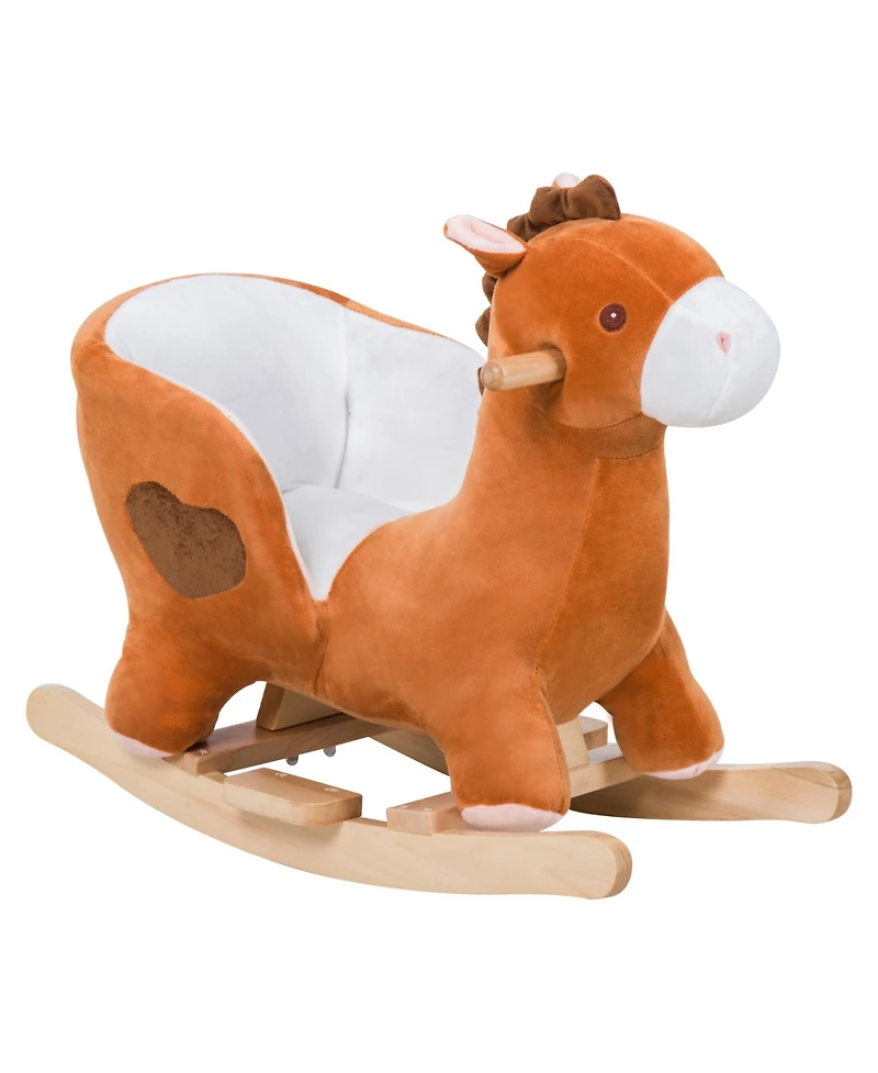 Glintex 12V Kids Electric Ride-On Horse with Sounds, Carrot Toy, Comb, Foot Pedal, Seat Storage, and Battery Power for Ages 1.5-3, Brown