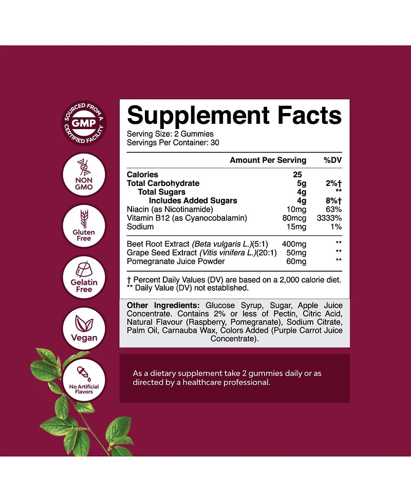 Nature's Craft Beet Root Gummies with Grapeseed, Pomegranate and Vitamin B12 | 60 Count