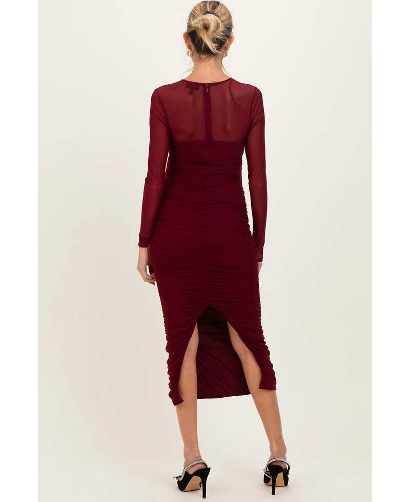 Pinkblush Women's Burgundy Mesh Ruched Long Sleeve Midi Dress