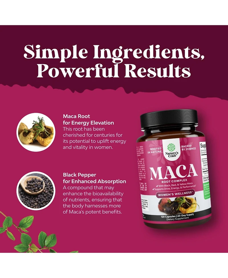 Nature's Craft Maca Root Capsules with Red, Yellow and Black Maca | 120 Count