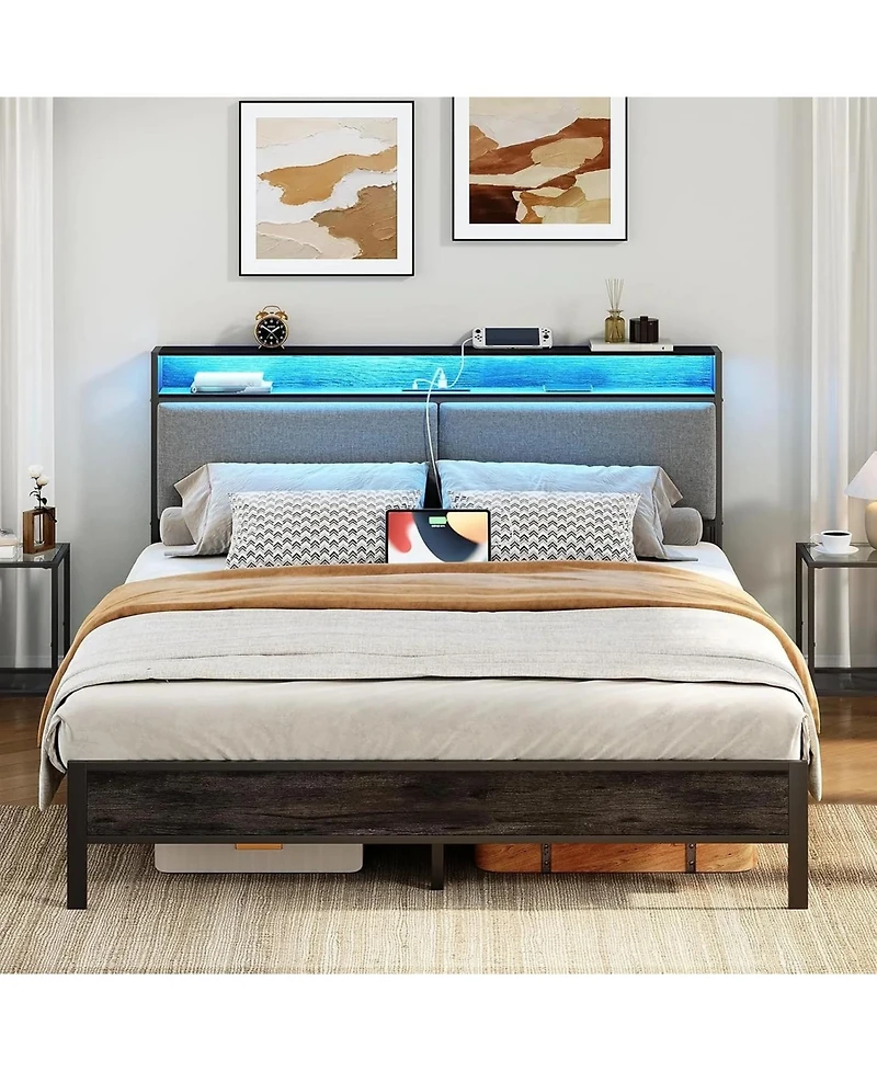 Slickblue Modern Metal Bed Frame with Storage Headboard, Led Lights