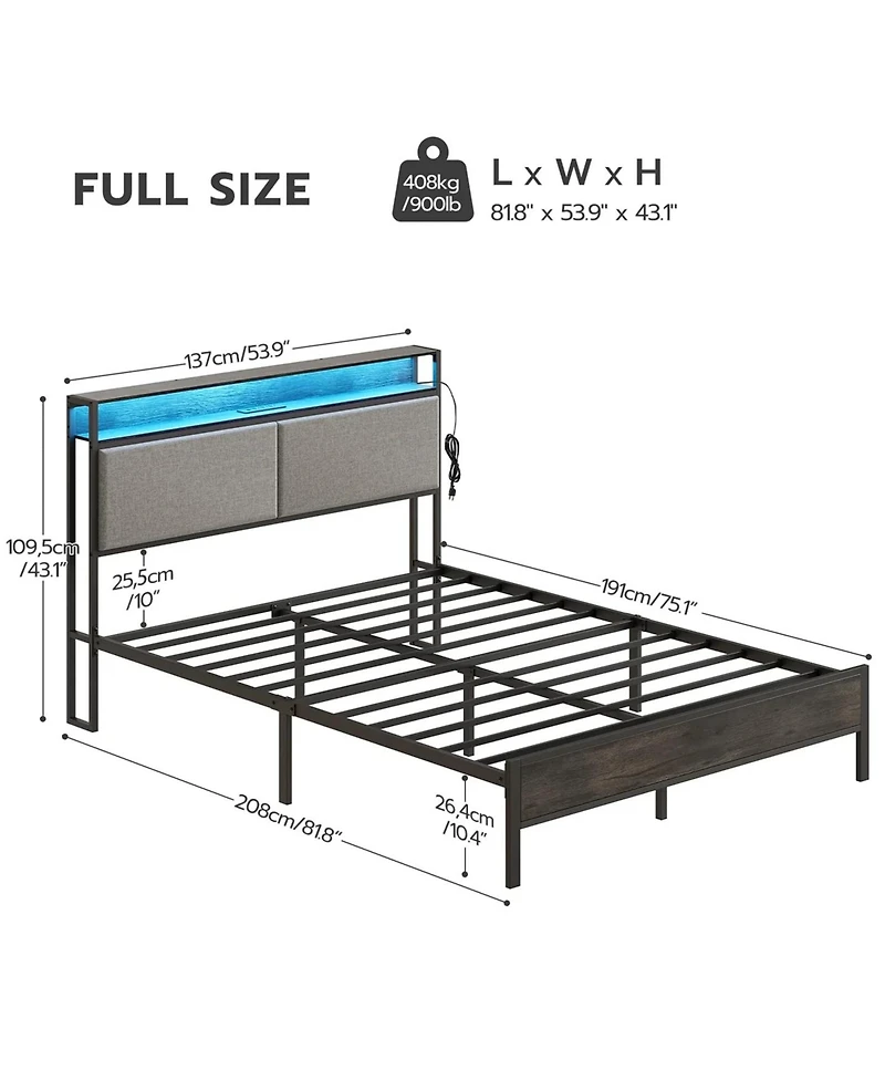 Slickblue Modern Metal Bed Frame with Storage Headboard, Led Lights
