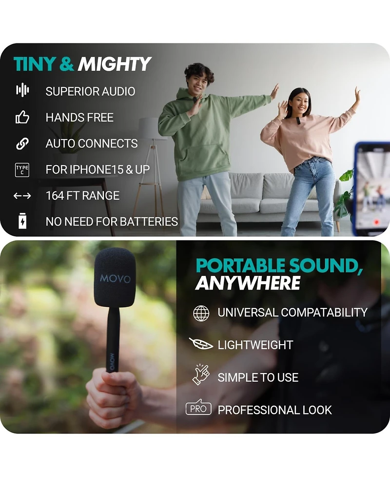 Movo Wireless Mini Uc Duo Dual Ultra Compact Wireless Lavalier Microphones for iPhone 15 and up with Handheld Adapter