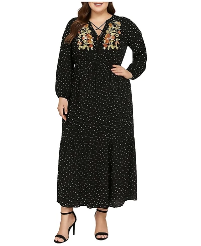 Standards & Practices Plus Polka-Dot Long-Sleeve Embroidered Detail Maxi Dress