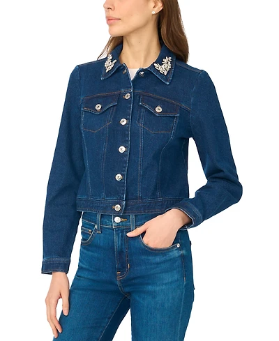 CeCe Women's Crystal Collar Puff Sleeve Cropped Denim Jacket