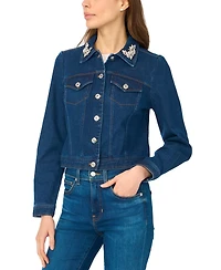 CeCe Women's Crystal Collar Puff Sleeve Cropped Denim Jacket