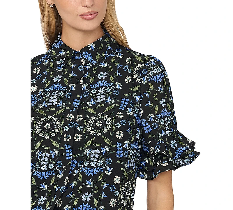 CeCe Women's Double-Ruffle Floral-Print Short-Sleeve Button-Down Shirt