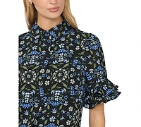 CeCe Women's Double-Ruffle Floral-Print Short-Sleeve Button-Down Shirt