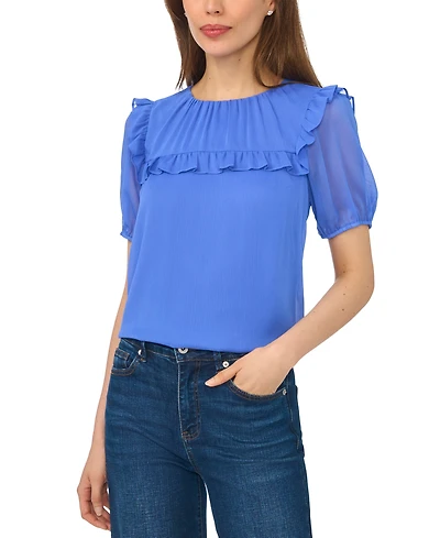 CeCe Women's Elbow-Length Ruffle-Yoke Chiffon Blouse