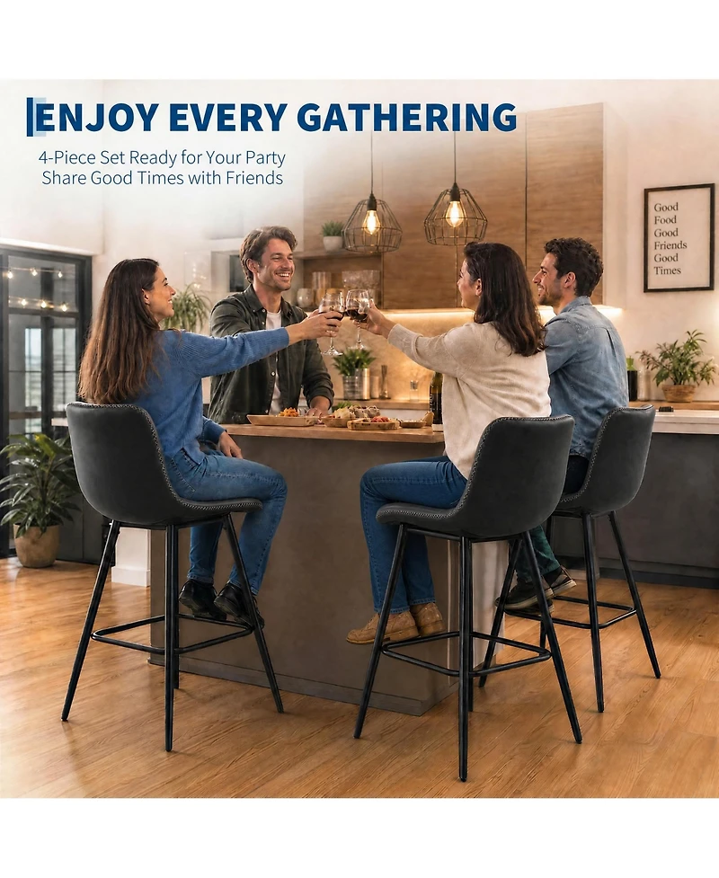 4 Set of Counter Height Bar Stools With Backrests, 24 Inch Faux Leather Upholstered Bar Chairs With Metal Legs, Modern Stools For Kitchen, Island