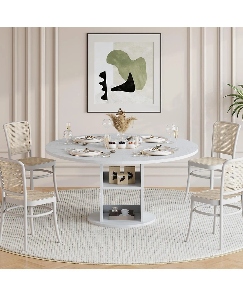 47.24 Inch Round Farmhouse Dining Table With 2 Tier Shelf, Seats 4 6 People, Wooden Frame, Sturdy Wood Base, Modern Circular Table For Kitchen