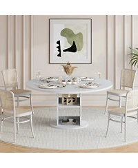 47.24 Inch Round Farmhouse Dining Table With 2 Tier Shelf, Seats 4 6 People, Wooden Frame, Sturdy Wood Base, Modern Circular Table For Kitchen
