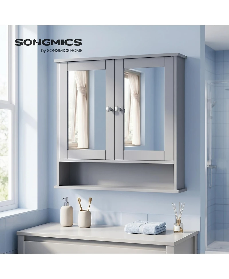 SongmicsHome Bathroom Cabinet with Mirror, Wall Cabinet with 2 Mirrored Doors, Adjustable Shelf, Open Compartment